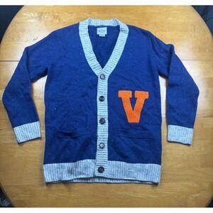 Hillflint Mens Blue Grey Virginia Cavaliers Cardigan Sweater Orange V Patch Med